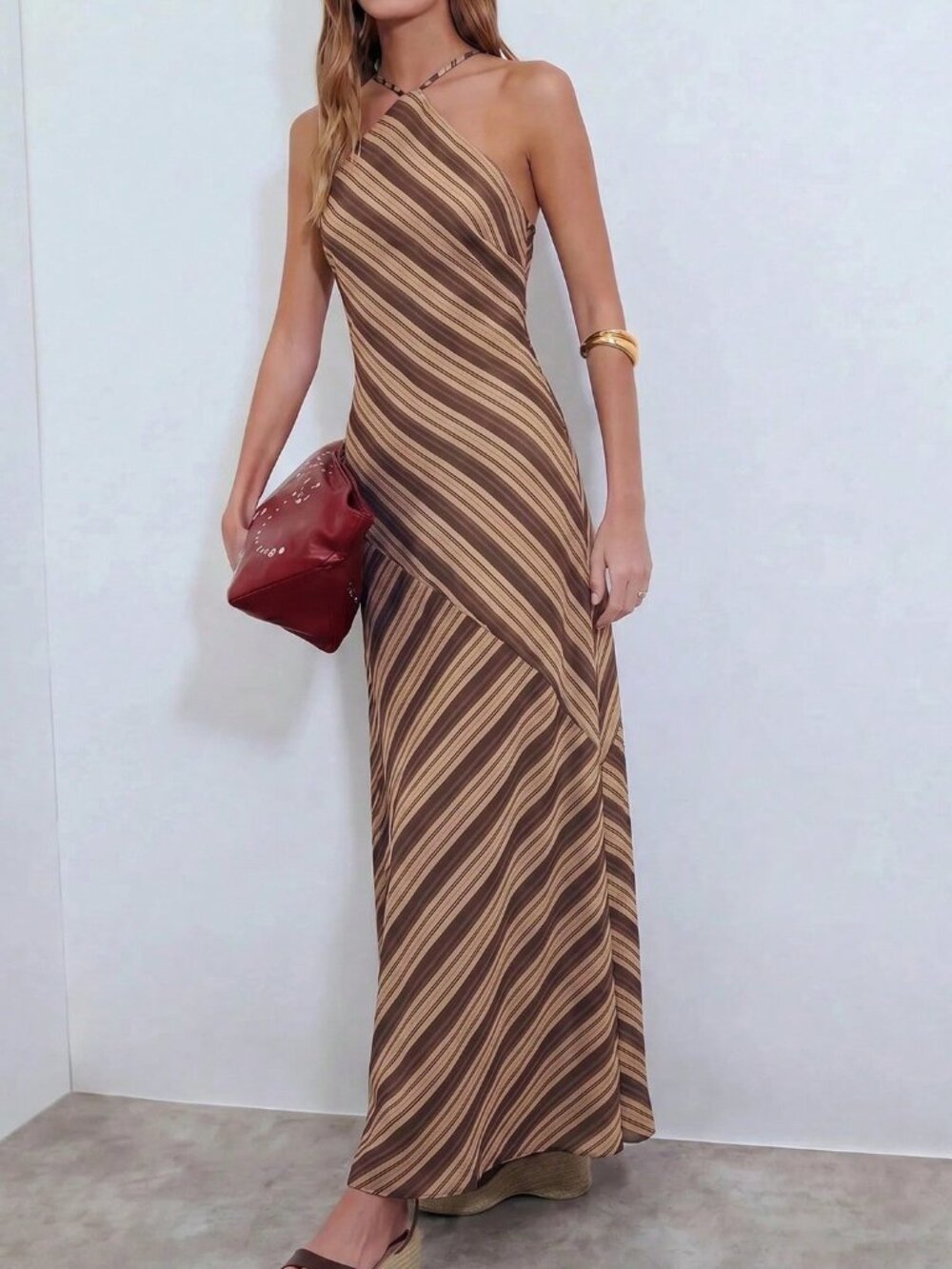 Khaki Casual Women's Striped Backless Knot Midi Halter Neck Dress